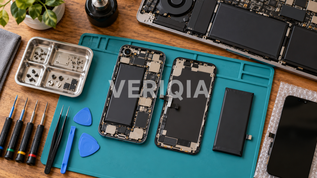 Opened phone and laptop with replacement components and precision tools on an organized repair workbench