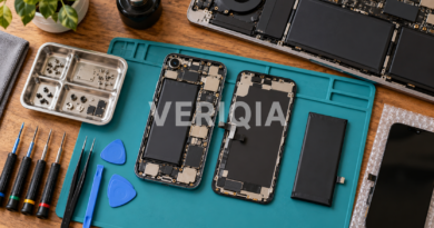 Opened phone and laptop with replacement components and precision tools on an organized repair workbench
