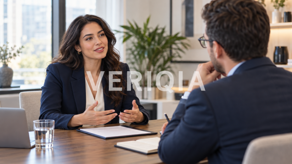 Candidate discussing salary expectations with an interviewer at an office table