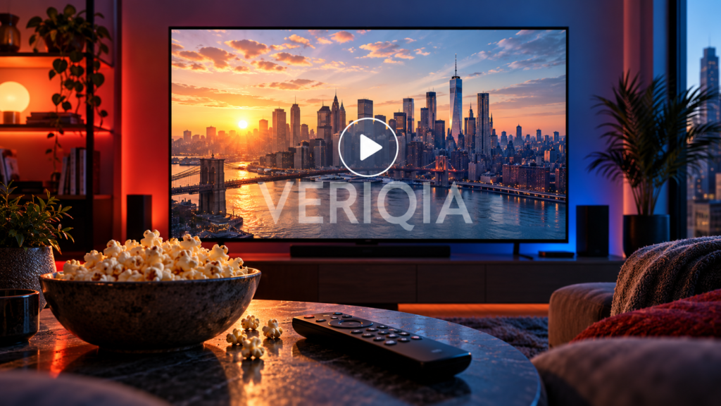 Home cinema with a New York skyline on television, remote and popcorn, illustrating the Spider-Man Brand New Day digital rental and purchase guide
