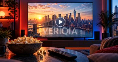 Home cinema with a New York skyline on television, remote and popcorn, illustrating the Spider-Man Brand New Day digital rental and purchase guide