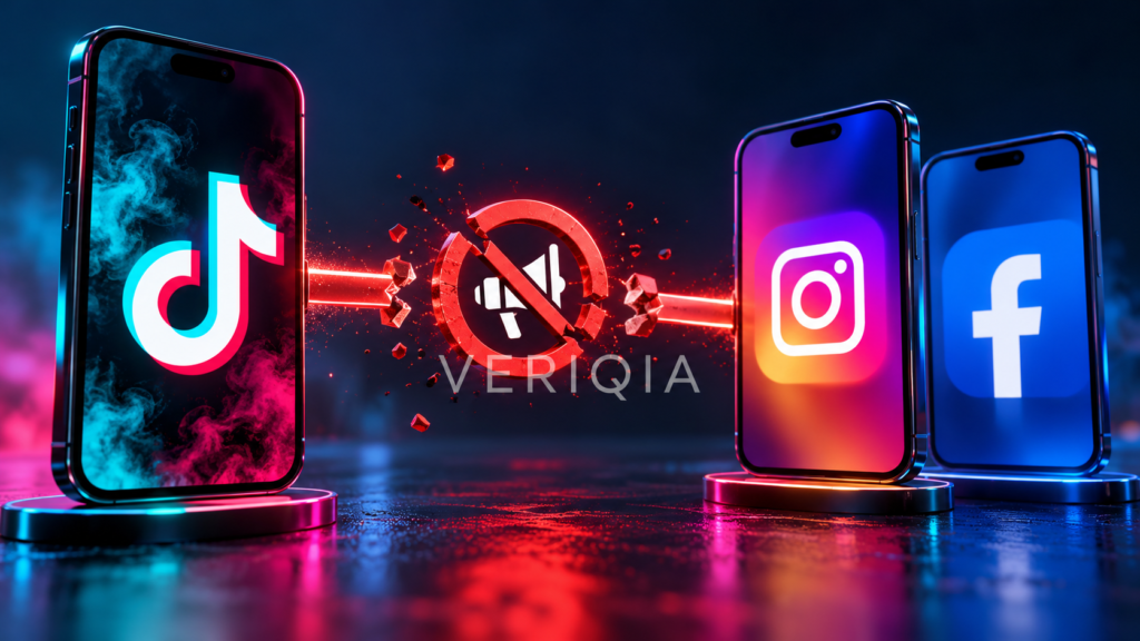 TikTok, Instagram and Facebook phones with a blocked advertising connection, illustrating Meta's TikTok ad restrictions