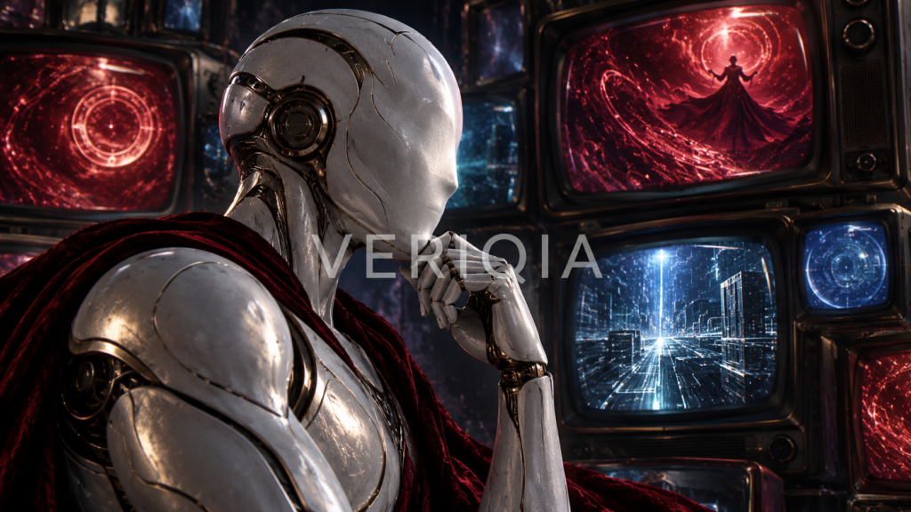 Conceptual white android reflecting on memories beside red and blue television screens for the VisionQuest watch guide