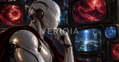 Conceptual white android reflecting on memories beside red and blue television screens for the VisionQuest watch guide