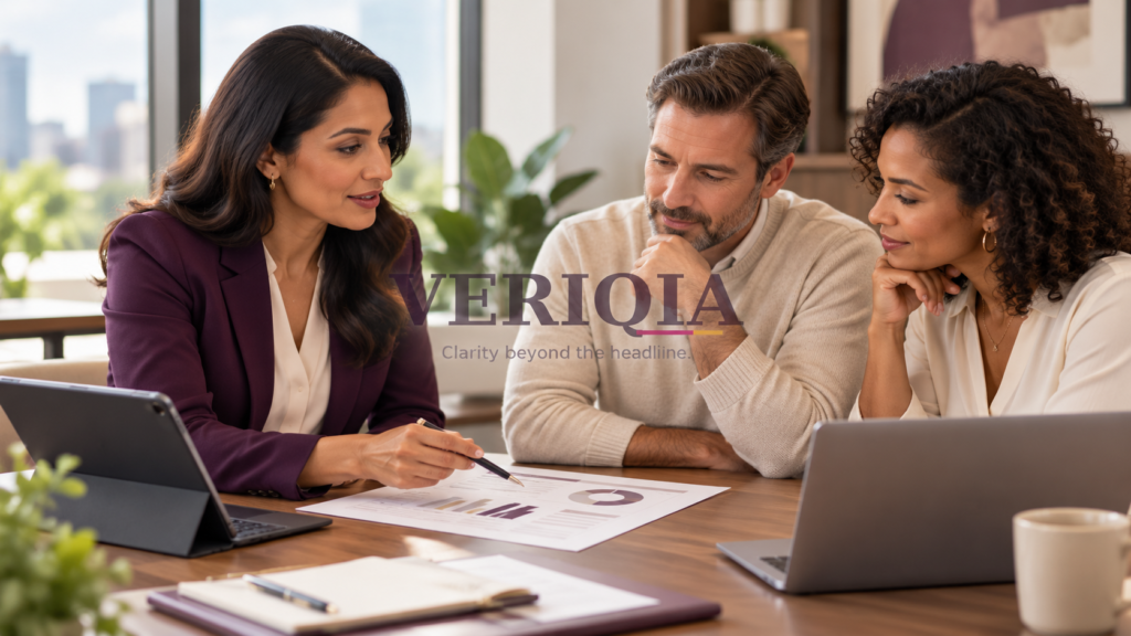 Financial planner discussing reports with clients, with a translucent VERIQIA watermark in the centre.
