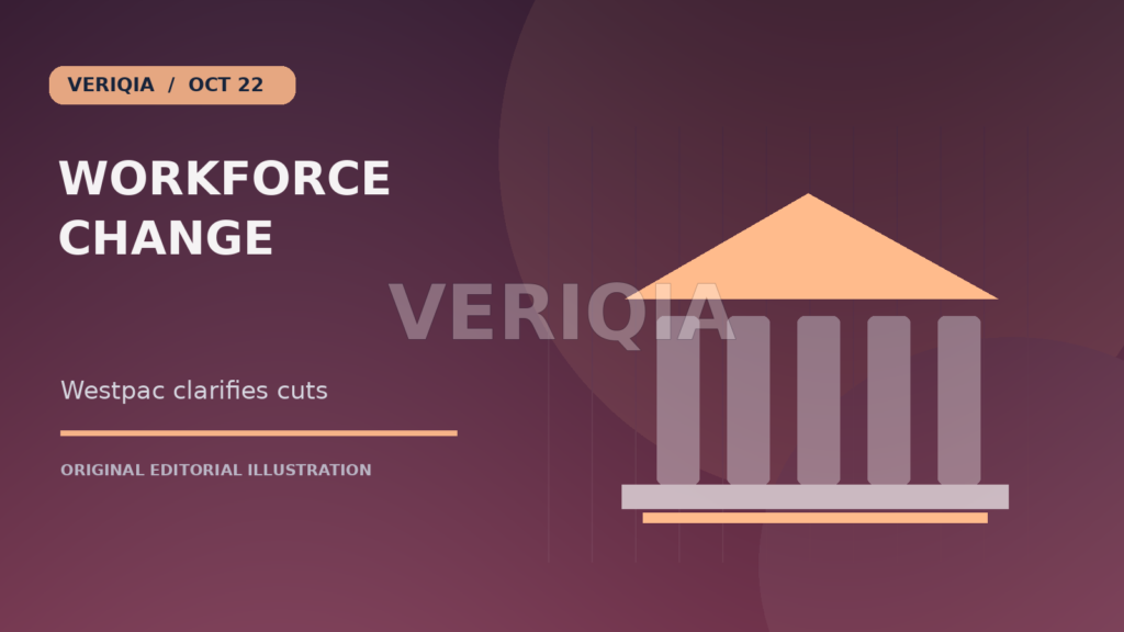 Original editorial illustration showing a bank facade illustrating organisational changes for Westpac Says Latest 140 Job Changes Are Not Driven by AI, with a centered VERIQIA watermark