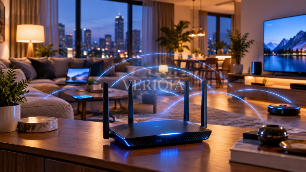 A modern wireless router with blue signal arcs in a warmly lit connected living room