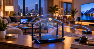 A modern wireless router with blue signal arcs in a warmly lit connected living room