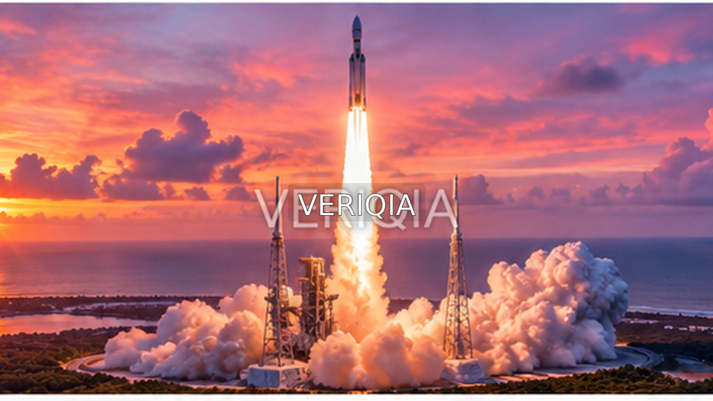 Rocket lifting off above a launch pad at sunset with centered VERIQIA watermark.