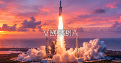 Rocket lifting off above a launch pad at sunset with centered VERIQIA watermark.
